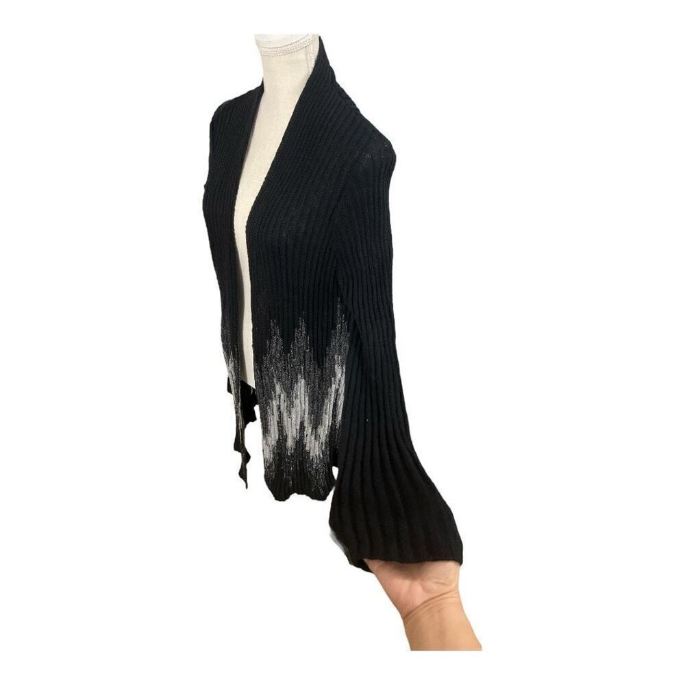 Chico's Wool Blend Black Grey Ribbed Knit Open Front Long Cardigan Size 2(12) - Picture 6 of 11